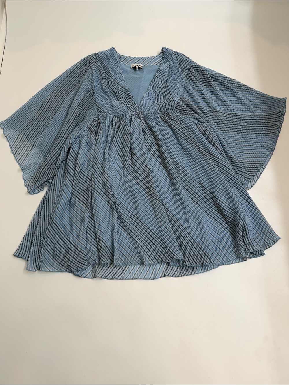 Ganni‎ Blue Crinkle Pleated Babydoll Blouse L XL Oversized Flutter Sleeve Top